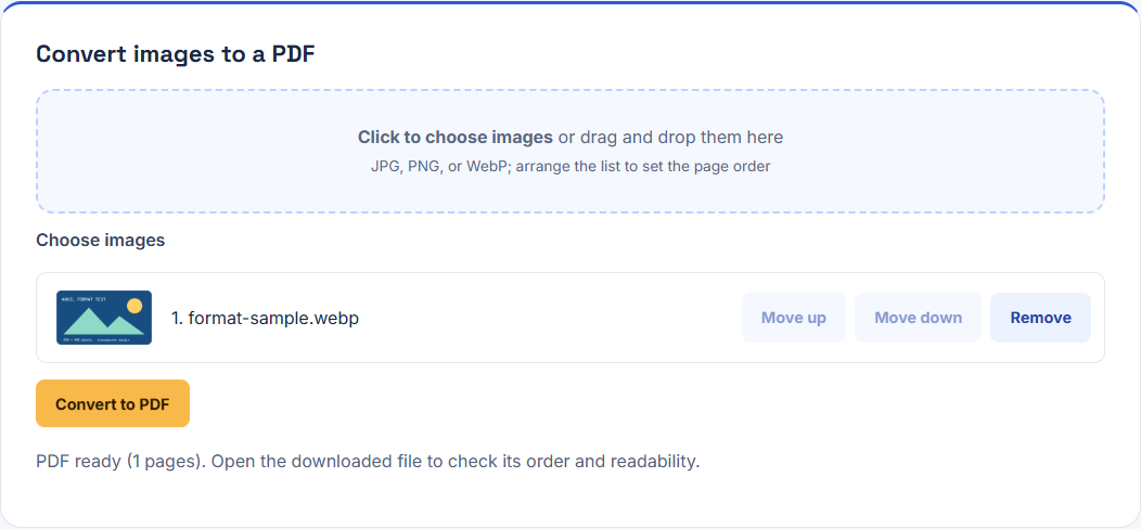 Actual WebP conversion in the image-to-PDF tool after the one-page download.