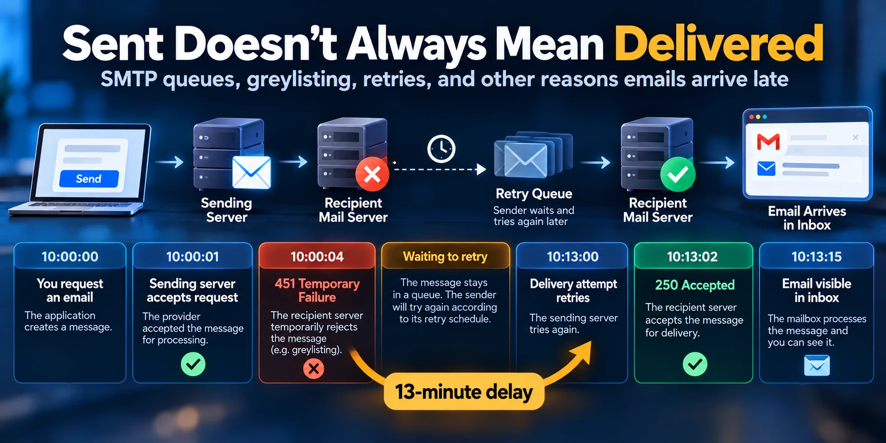 Email delivery timeline showing a message submitted at 10:00, temporarily deferred by an SMTP 451 response, retried at 10:13, and accepted by the recipient mail server.