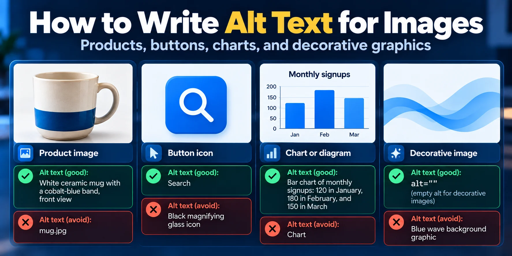 Examples of accessible image alt text for a product photograph, search button, data chart, and decorative graphic, showing how descriptions change based on an image's purpose.