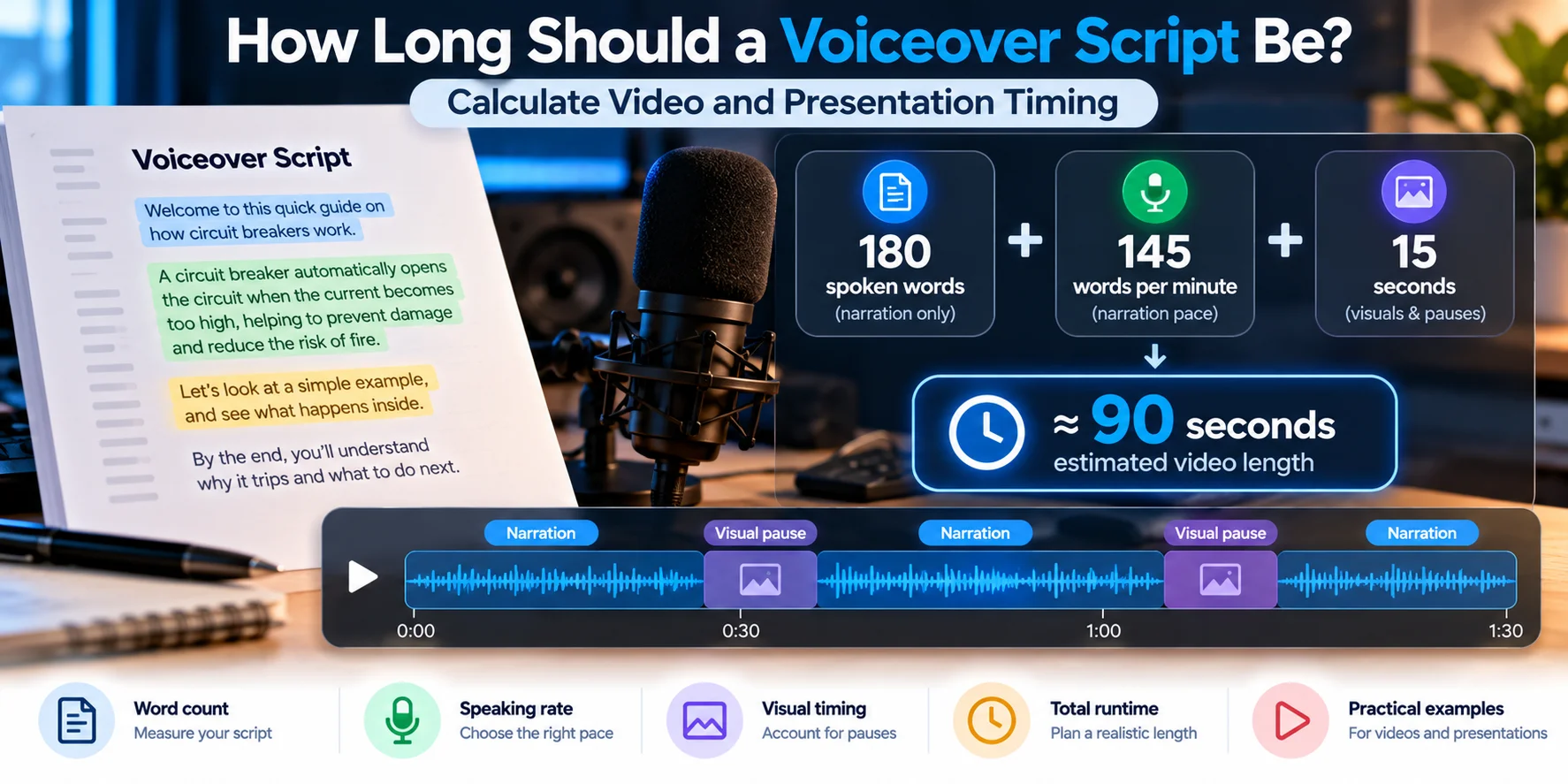 A voiceover script timing worksheet showing spoken word count, narration pace, and reserved visual pauses for planning a 90-second educational video.